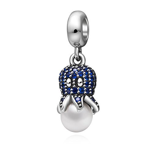 Octopus Crystal Charm Pendant 100% Authentic 925 Sterling Silver Dangle Charms with White Pearl Bead (Blue)