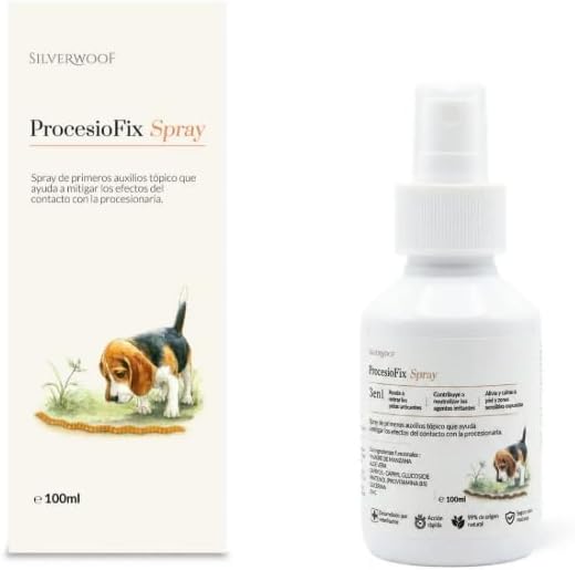 Miscota Silverwoof ProcesioFix Spray Perros 100 ml, Spray de Primeros Auxilios Tras Contacto con Procesionaria, con Aloe Vera, Zinc, Glicerina y Vinagre de Manzana, para Zonas Sensibles