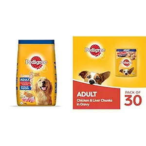 Pedigree Adult Dry Dog Food, Chicken & Vegetables, 3kg Pack & Pedigree Adult Wet Dog Food, Chicken & Liver Chunks in Gravy, 70 g (Pack of 30)
