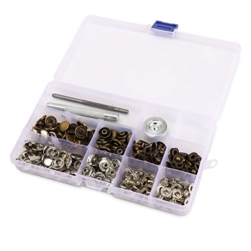 50 Set 12,5mm Metall Druckknöpfe Silber Altgold & 4tlg Werkzeug Locheisen Handschlageisen nähfrei Leder Kunstleder mit Aufbewahrungsbox