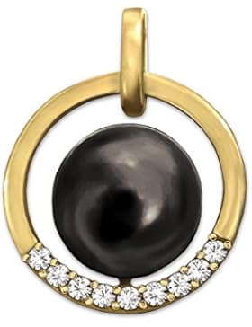 CLEVER SCHMUCK Goldener Anhänger Ø 16 mm mit dunkler Perle im Goldring und Zirkonias 333 GOLD 8 KARAT im Etui