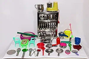 Tirtha Enterprises Miniature , Mini Kitchen Set for Girls ,Real Cooking Kit for Play ,Steel Kitchen Set for Girls ,Choppu Jaman ,Baby Kitchen Set Toys with Steel Stand and Wooden chakla belan