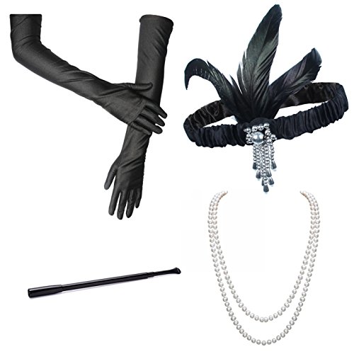 BigLion Disfraces de Roaring 20s Venda para el pelo Collar Canastilla de cigarro Guantes para Disfraz de Charlestón 1920 Gatsby Accesorios de vestuario Set (Katherine)