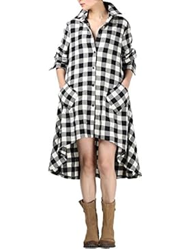 Vogstyle Damen Frühjahr Neu Langarm Asymmetrische Lässigen Karomuster Baumwolle T-Shirt Kleid