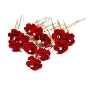 SURAKO COLLECTIONS pins for Hair Flower Fancy Bun Metal Jura pins red Rose Hair Accessories/Fancy Juda Pins /Juda pins for Hair for Women and Girls (Pack of 12)