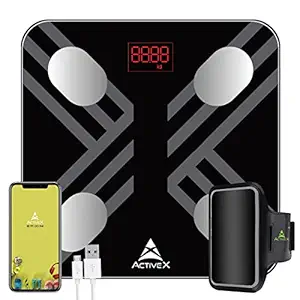 ActiveX (Australia) Savvy Plus Body Fat Scale - Rechargeable Digital Body Composition Body Fat Scale with free ActiveX app and Free Armband Mobile Holder- Charcoal Black
