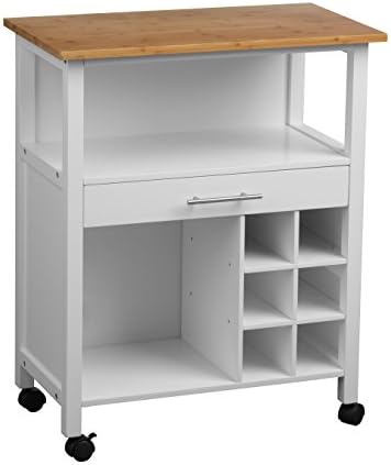 Traditional Style White Kitchen Trolley with Bamboo Top, 1 Drawer, 2 Large Shelves Made of Durable Wood - Will keep Your Kitchen Organised and Tidy