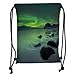 Produktbild Drawstring Backpacks Bags,Northern Lights,Magic Nature Panorama Coastline Oval Energy Sky Mist Picture,Almond and Lime Green Soft Satin,5 Liter Capacity,Adjustable String Closure,T