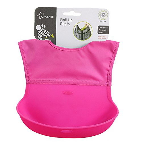 G2PLUS Silicone Baby Bibs Portable Toddler Bib Soft Food Catcher Feeding Pocket Foldable for Diaper Bags (Pink)