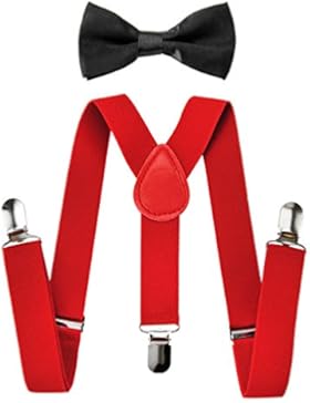 axy Kinder Rote Hosenträger-Y Form mit Fliege- 3 Clips EXTRA STARK