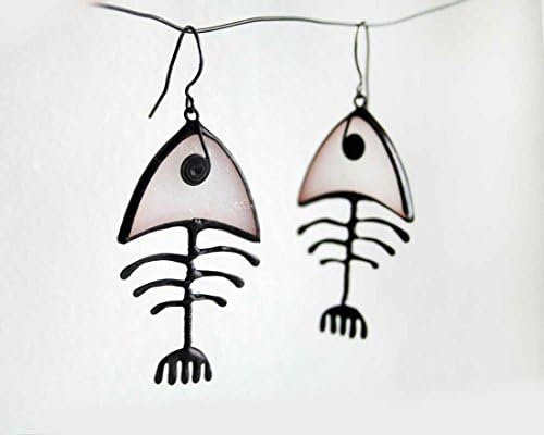 White Fish Bone Earrings, Handmade Stained Glass Pisces, Halloween, Original Gift, Spooky, Terrible Jewellery, Artkvarta Jewelry