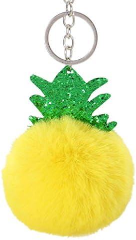 Sansee Fashion Cute Faux Rabbit Fur Ball With Inlay Pearl Rhinestone, PomPom Pineapple Car Pendant Handbag Key Ring Chain Car Decoration Gift 15cm (Yellow)