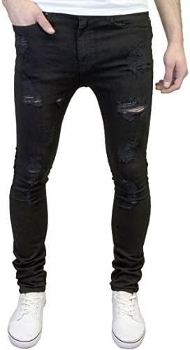 526Jeanswear 526 Mens Designer Stretch Super Skinny Ripped Abraised Distressed Jeans (28W x 32L, Jet Black)
