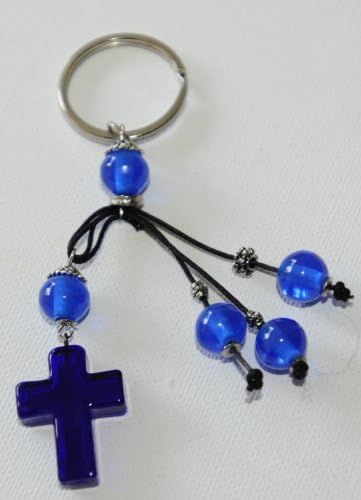 Greek Orthodox Virgin Mary Charm Cobalt Blue Glass Cross Key Chain With Resin And Metal Beads