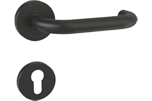KeZaara Set di Maniglie per Porta Interne, Maniglia per Porta in Acciaio Inox con Rosetta Arrotondata Ø 52 mm, Nero Opaco| per Porte di Stanze da 2 cm a 5,5 cm| Arco Circolare,PZ-Rosette Foro Sagomato