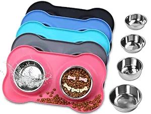 Vivaglory Dog Bowls, Set of 2, Stainless Steel Water and Food Bowl Pet Puppy Cat Feeder with Non Spill Skid Resistant Silicone Mat, Small, Pink