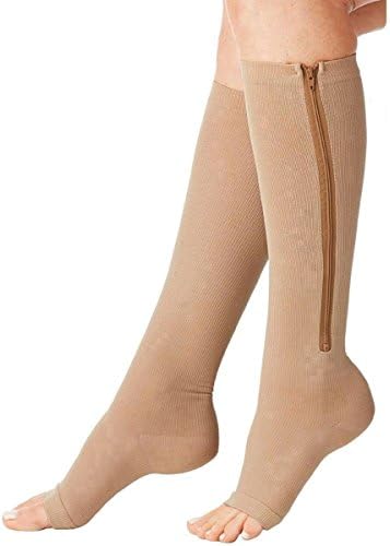 SZ1024 Open Toe Knee Length Zipper Up Compression Hosiery Calf Leg Support Stocking Knee High Socks with Zipper (Beige, L/XL)