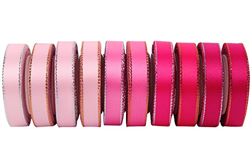 LaRibbons 10mm Breitem Gold/Silbernem Rand Doppelseitigem Satin-Band, 4.5m x 10 Farben ( Rosa Style ) - 2