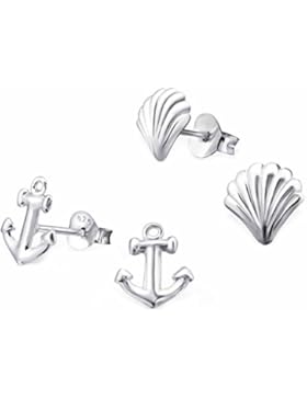 SL-Silver 2 Paar Ohrringe Set Ohrringe Muschel und Anker 925 Silber in Geschenkbox