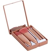 XVIRANTA Professional 5 in 1 Mini Makeup Brush Kit with Mirror Face Eye Shadows Blush Cosmetic Case Set Foundation Blending B