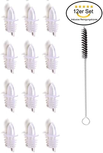 Set of 12 Plastic Pourer Spouts for Spirit Bottles with Cleaning Brush transparent