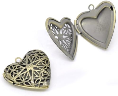 TMODD 10Pcs Antique Bronze Heart Photo Locket Charm Pendant Filigree
