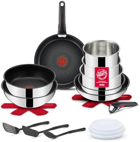 Lagostina Ingenio Inox, Set 20 Pezzi, Padelle, Wok e Tegame con Rivestimento antiaderente, Casseruole in Acciaio Inox, con Manico Rimovibile, per Tutte le Fonti di Calore, Inclusa Induzione