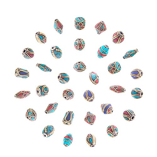 PandaHall-abalorios de estilo tibetano hecho a mano, de cobre amarillo con coral y turquesa, oro antiguo, 13 ~ 25x9 ~ 13mm, agujero: 1 ~ 1.5mm