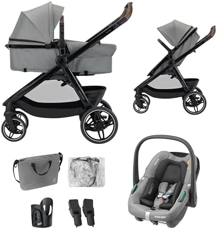 Maxi Cosi Zelia Select Trio, Passeggino Trio Con Seggiolino Auto, 0-4 anni (0-22 kg), Passeggino Neonato Compatto e Reversibile, Seggiolino Auto CabrioFix S i-Size e Borsa Passeggino, Grigio
