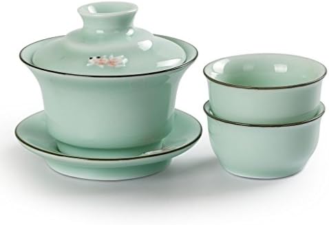 Chinese GongFu Tea Longquan celadon 3D Fish Gaiwan teacup teapot Set (Gaiwan*1Pc+Cups*2Pcs)