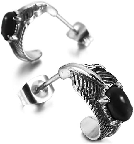 Men Unisex Stainless Steel Pair Stud Earrings Turquoise Silver Tone Feather Leaf