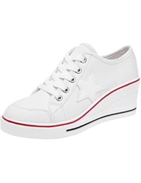Solshine Damen Canvas Sportlich Low Top Keilabsatz Schnürer Sneaker-Wedges Sportschuhe Größe 35 - 43
