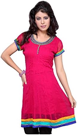 Ladies Georgette Neck Beads Work Short Sleeve Dress (s)