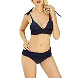 JMETRIC Einfacher einfarbiger Bandage-Bikini-Rüschen-Bowknot-Badeanzug der Frauen(Schwarz,L)
