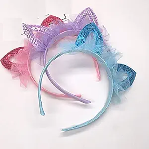 APSAMBR-RANDOM COLOR Cute Cat Ears Headband Baby Girls Pink Lace Hairbands Korean Children Princess Kids Hair Accessories Christmas Gift PACK OF 1