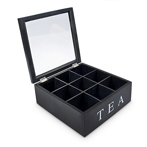 Teebox aus Holz | Teekasten in den Farben Weiß und Schwarz | Teekiste mit 6 Fächern oder als große Teebeutelbox mit 9 Fächern , Auswahl:Schwarz mit 9 Fächern - 2