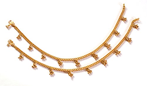 Deccani HandicraftsMetal Alloy Panchaloha Anklets Curb Chain with Small Hanging Beads for Women (Gold)
