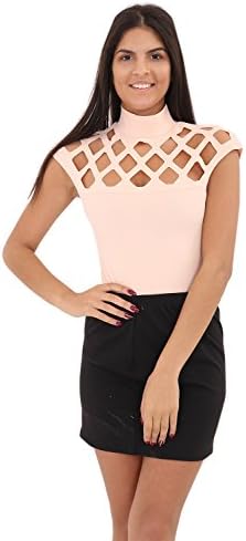 Ladies Womens Sleeveless Laser Cut Out Turtle Neck Bodysuit Top Leotard 8-14 (S/M UK 8-10, Nude)
