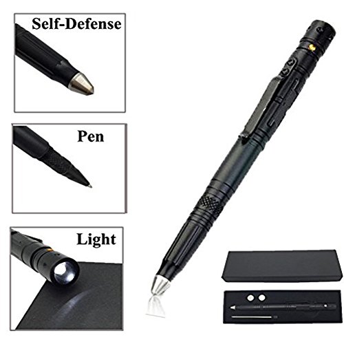JTENG Edelstahl Taktischer Kugelschreiber Mehrzweckstift MPP für jede Extremsituation mit LED Licht & Glassbreaker Pen (schwarz)