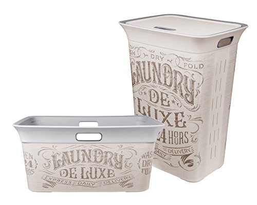 Wäschetruhe Set Wäschekorb Wäschepuff mit Belüftung Moda Vintage 60 Liter mit Deckel + 45 Liter Wäschesammler mit 4 Griffen