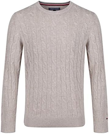 Beige Mens Tommy Hilfiger Men's Cable Knit Jumper - Oyster Grey Heather - L