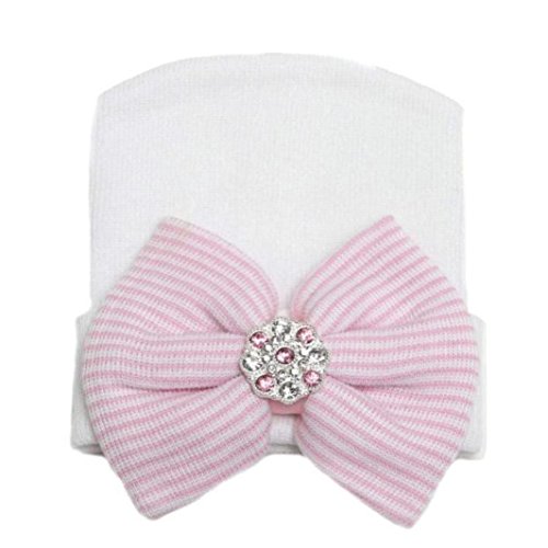 Koly® Newborn Cute Hat Bownot Baby Girls Hospital Hat Beanie Gift (White with pink)