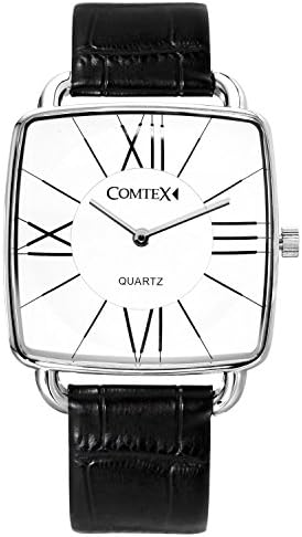 Comtex Men’s Square Quartz Watches with Black Leather White Dial Casual Fashion Watches