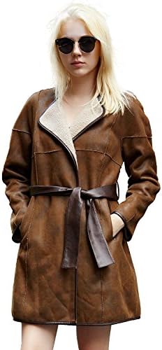 Ovonzo Women's Spring Winter Brown Faux Shearling Leather Coat with Belt Size XL