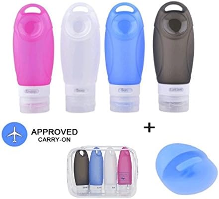 Silicone Travel Bottles with Facial Brush, DAOUZHOU Travel Bottles Set of 3.3oz Bottle and Shampoo Lanyard with Toiletry Bag
