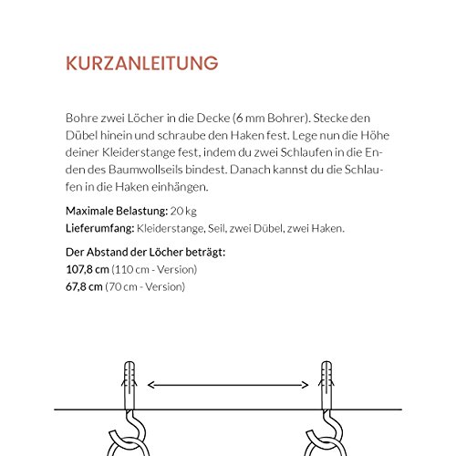 Design Kleiderstange von rod & knot – THE COPPERROPE aus Kupfer und Baumwollseil (weiß) hängend, Decken-Besfestigung, Kleiderständer oder Garderobe, Vintage, Antik, Rosegold – 110 cm - 5