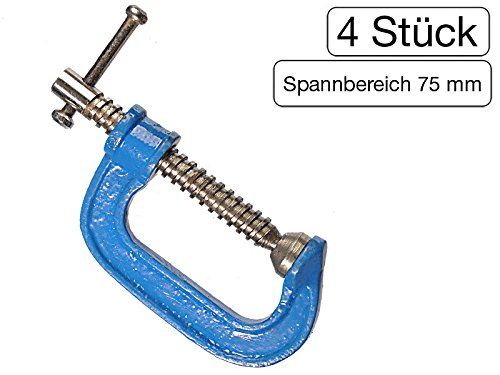 4 Stück C-Schraubzwinge 75mm leichte Bauart mit Stahl-Gewinde verchromt