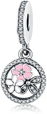Cute Dangle Pink Enamel Flower 925 Sterling Silver Charms Pendant Clear Cubic Zirconia Circle for European Bracelet Jewellery Valentine's Day Gifts