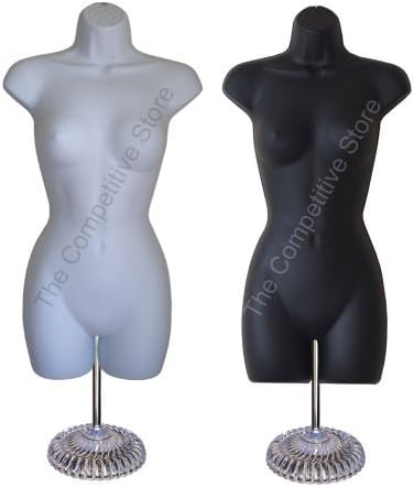 2 Black + White Female Mannequin Dress Forms (Hip Long) W/ Economic Plastic Base by The Competitive Store