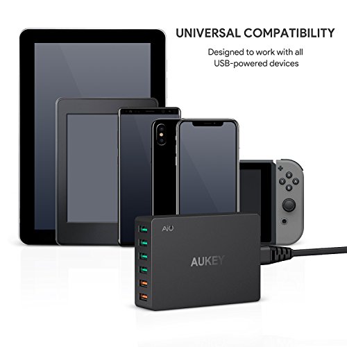 AUKEY Quick Charge 3.0 Caricabatterie USB da Muro 6 Porte 60W Caricatore USB per Samsung Galaxy S8 / Note 8, LG G5 / G6, Nexus 5X / 6P, HTC 10, iPhoneÂ XÂ /Â 8Â /Â 8Â Plus, iPad, Smartphone e Tablet ecc.